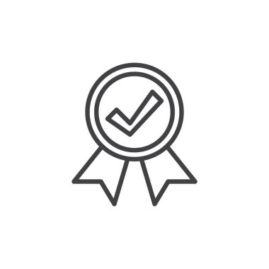 Madalya onay işareti satırı simgesi ile vektör işareti, anahat üzerinde beyaz izole doğrusal stil piktogram. Garanti sembolü, logo illüstrasyon. Düzenlenebilir inme. Piksel mükemmel vektör grafikleri