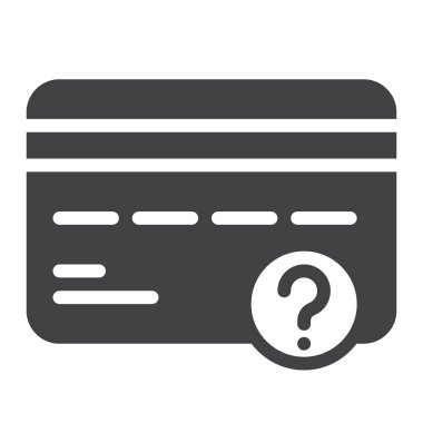 Plastik kart ve soru işareti simgesini vektör, dolu düz işareti, üzerinde beyaz izole katı piktogram. Sembol, logo illüstrasyon. Piksel mükemmel vektör grafikleri