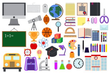 Okul öğeleri eğitim koleksiyonu, düz Icons set, semboller pack içerir - okul malzemeleri, defter, kalem, kurşun kalem, boya, Kırtasiye, top, okul çantası vektör çizim. Düz stil tasarım