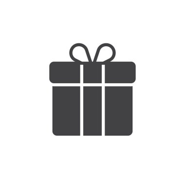 Hediye kutusu simge vektör, dolu düz işareti, üzerinde beyaz izole katı piktogram. Mevcut sembol, logo illüstrasyon. Piksel mükemmel vektör grafikleri