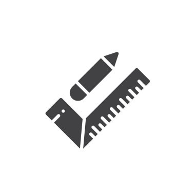 Kalem simge vektör, cetvelle düz işareti, üzerinde beyaz izole katı piktogram dolu. Sembol, logo illüstrasyon.