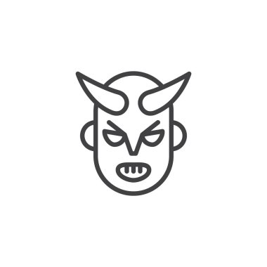 Şeytan maskesi satırı simgesi, vektör işareti, anahat üzerinde beyaz izole doğrusal stil piktogram. Cadılar Bayramı tatil sembolü, logo illüstrasyon. Düzenlenebilir kontur