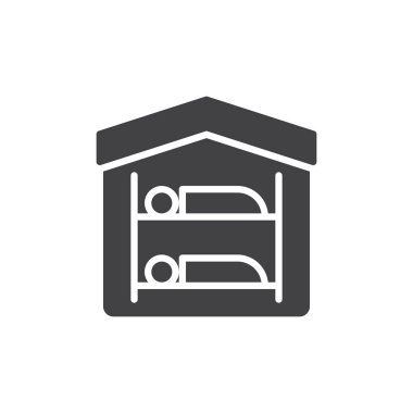 Hostel simge vektör, dolu düz işareti, üzerinde beyaz izole katı piktogram. Sembol, logo illüstrasyon. Piksel mükemmel vektör grafikleri