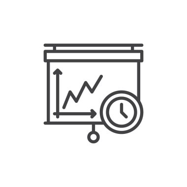 Projektörü ekran ve saat satırı simgesi çek, vektör işareti, anahat üzerinde beyaz izole doğrusal stil piktogram. Zaman yönetimi sembolü, logo illüstrasyon. Düzenlenebilir inme. Piksel mükemmel vektör grafikleri