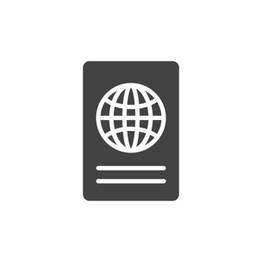 Uluslararası pasaport simge vektör, düz işareti, üzerinde beyaz izole katı piktogram dolu. Sembol, logo illüstrasyon. Piksel mükemmel vektör grafikleri