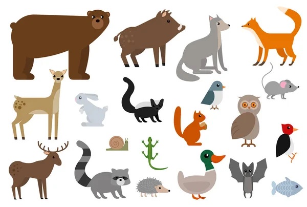 Colección Elementos Animales Salvajes Conjunto Iconos Planos Paquete Símbolos Coloridos — Vector de stock