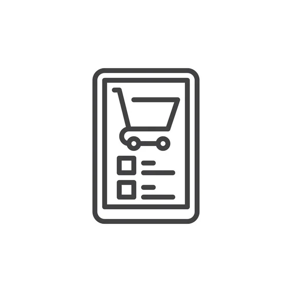 ショッピング カート線アイコンを持つモバイル デバイス アウトライン ベクトル記号 直線的なスタイルのピクトグラムが白で隔離 モバイル ショッピングのシンボル ロゴの図 編集可能なストローク — ストックベクタ