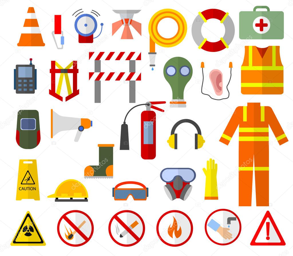 Safety and health protection equipment elements collection, flat icons set, Colorful symbols pack contains - Safety helmet, glasses, headphones, mask, gloves vector illustration. Flat style design