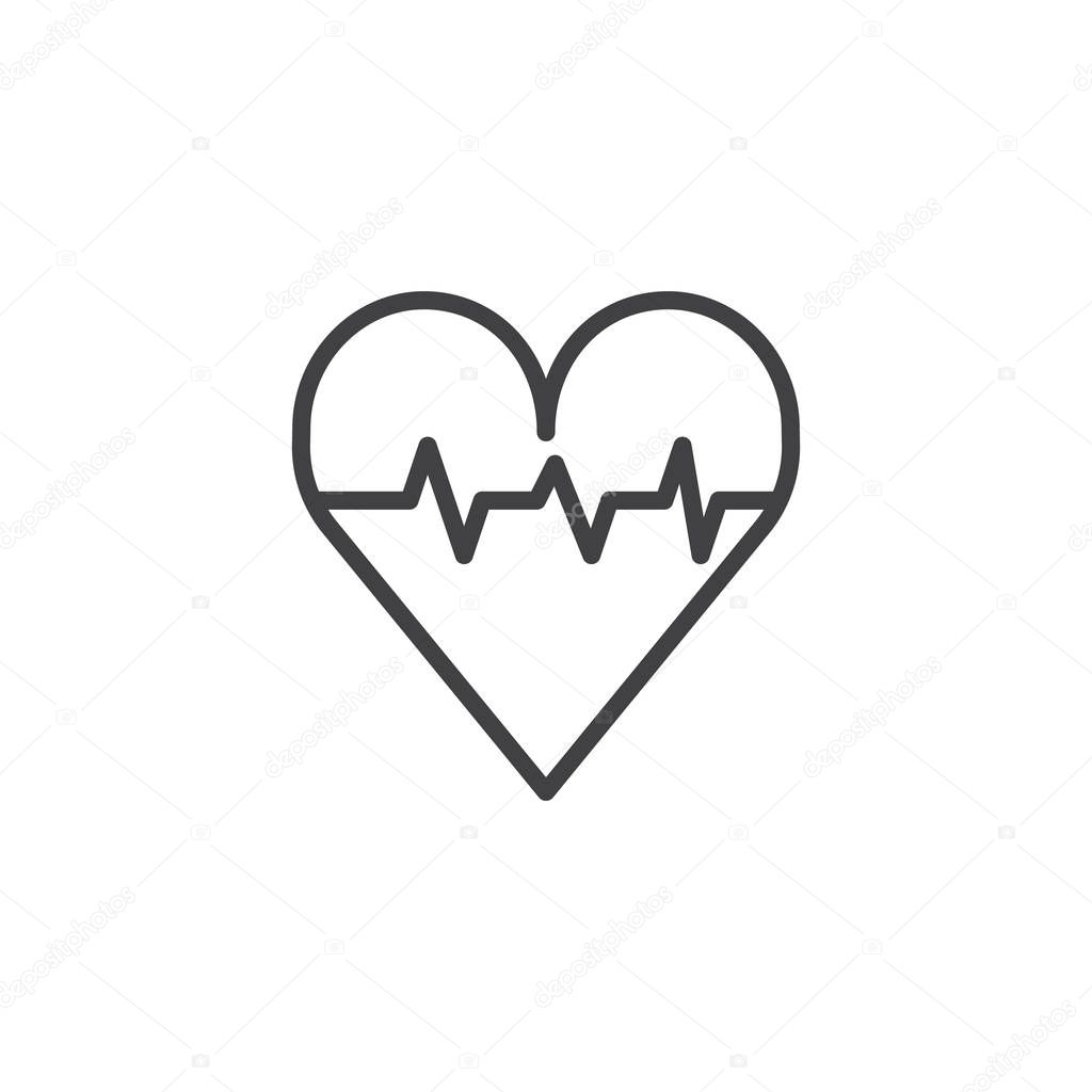 Heart with pulse line icon, outline vector sign, linear style pictogram isolated on white. Cardiology symbol, logo illustration. Editable stroke