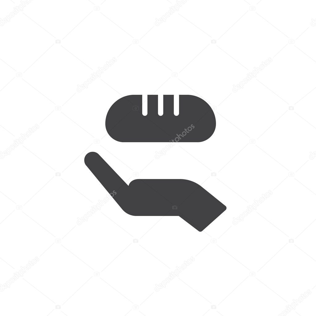 Bread in hand icon vector, filled flat sign, solid pictogram isolated on white. Charity symbol, logo illustration