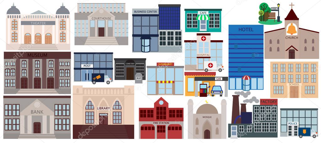 Various public buildings elements collection, flat icons set, Colorful symbols pack contains - courthouse, home, museum, hospital, hotel, opera, theater. Vector illustration. Flat style design