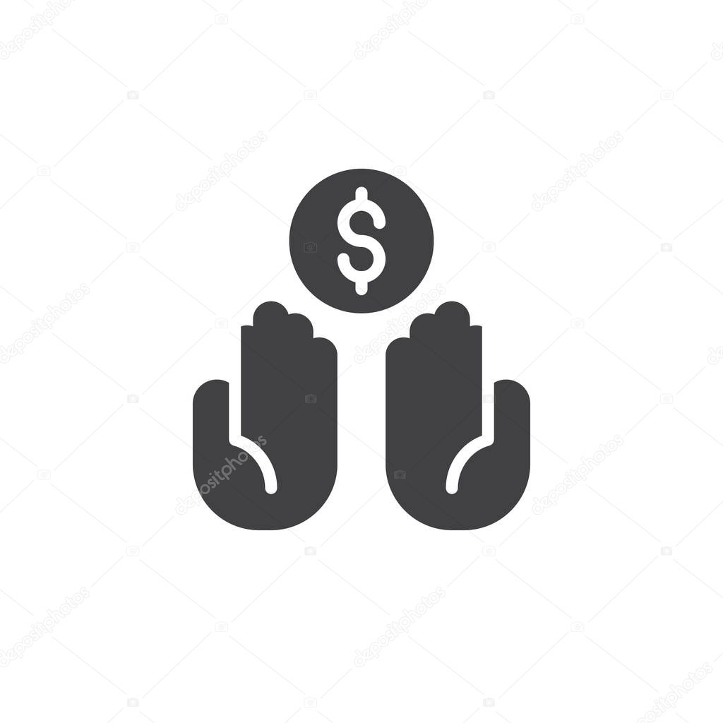 Donation hands with dollar money icon vector, filled flat sign, solid pictogram isolated on white. Charity symbol, logo illustration