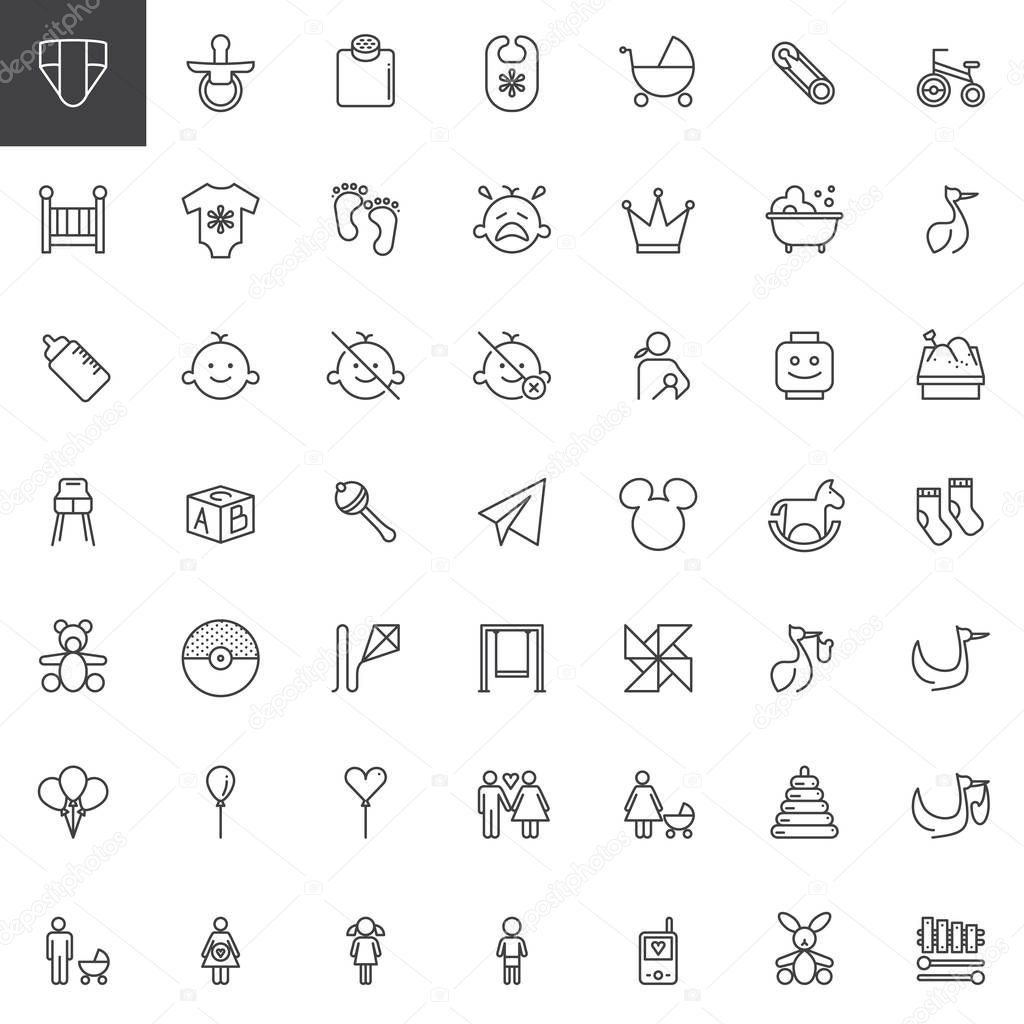 Baby shower line icons set, outline vector symbol collection, linear style pictogram pack. Signs, logo illustration. Set includes icons as nappy, pacifier, stroller, crib, romper, breastfeeding,rattle