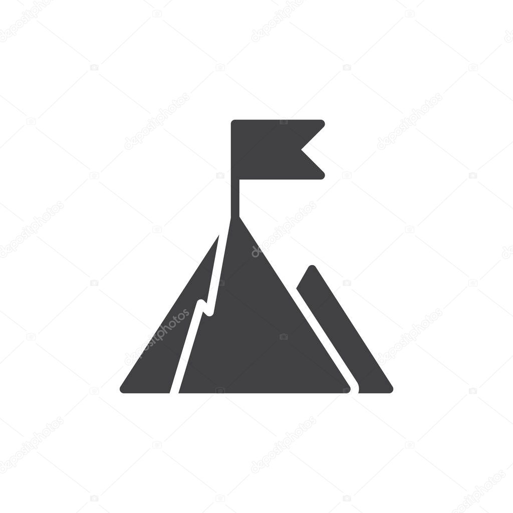 Top of mountain with flag icon vector, filled flat sign, solid pictogram isolated on white. Goal symbol, logo illustration. Pixel perfect vector graphics