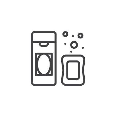 Şampuan ve sabun satır kutsal kişilerin resmi, vektör işareti, anahat üzerinde beyaz izole doğrusal stil piktogram. Sembol, logo illüstrasyon. Düzenlenebilir kontur