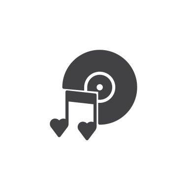 Romantik müzik notlar simge vektör, disk ve kalp ile düz işareti, üzerinde beyaz izole katı piktogram dolu. Sembol, logo illüstrasyon.