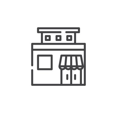 Satırı simgesi, bina süpermarket Anahat vektör işareti, üzerinde beyaz izole doğrusal stil piktogram. Sembol, logo illüstrasyon. Düzenlenebilir kontur