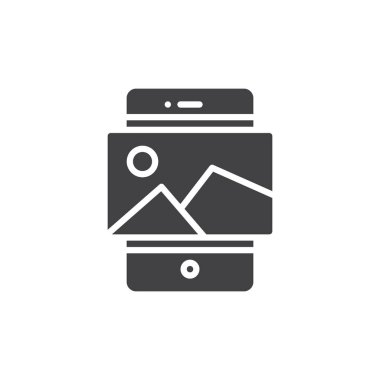 Smartphone ekran simge vektör, resim ile düz işareti, üzerinde beyaz izole katı piktogram dolu. Cep telefonu ile fotoğraf sembolü, logo illüstrasyon
