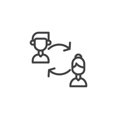 Ekip çalışması satırı simgesi, Anahat vektör işareti üzerinde beyaz izole doğrusal stil piktogram. Exchange kullanıcıları sembolü, logo illüstrasyon. Düzenlenebilir kontur