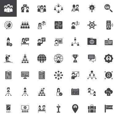 Takım çalışması ve ortaklık satır Icons set, Anahat vektör simgesi toplama, doğrusal piktogram paketi. İşaretler, logo illüstrasyon. Takım, konuşma, görüşme, çalışan, sunu simgelerle içerir