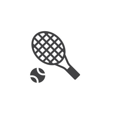 Tenis raket ve top simge vektör, düz işareti, üzerinde beyaz izole katı piktogram dolu. Sembol, logo illüstrasyon.