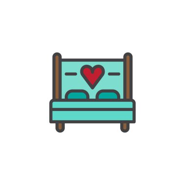 Yatağı dolu kalp anahat simgesi, çizgi vektör işareti, üzerinde beyaz izole doğrusal renkli sembol ile seviyorum. Seks, yapım aşk sembolü, logo illüstrasyon. Piksel mükemmel vektör grafikleri