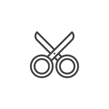 Makas satırı simgesi, Anahat vektör işareti üzerinde beyaz izole doğrusal stil piktogram. Sembol, logo illüstrasyon kesti. Düzenlenebilir kontur