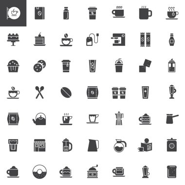Kahve vektör simgeler kümesi, modern katı simgesi toplama, dolgulu piktogram paketi. İşaretler, logo illüstrasyon. Kahve evi, çay bardağı, kahve makinesi, tatlı, kapuçino, latte, mocha simgeler içerir