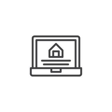 Laptop ekran satırı simgesi, şirketten ile Anahat vektör işareti, üzerinde beyaz izole doğrusal stil piktogram. Online Satış Emlak sembolü, logo illüstrasyon. Düzenlenebilir kontur
