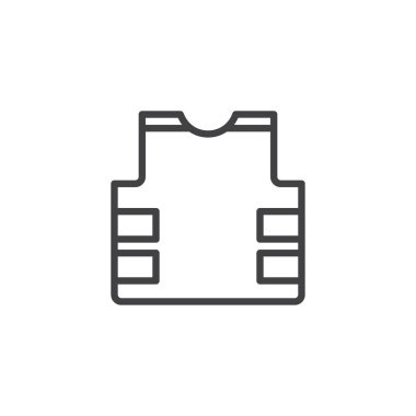 Kurşun geçirmez yelek satırı simgesi, vektör işareti, anahat üzerinde beyaz izole doğrusal stil piktogram. Flak jacket sembolü, logo illüstrasyon. Düzenlenebilir kontur