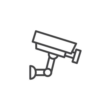 CCTV kamera satırı simgesi, Anahat vektör işareti üzerinde beyaz izole doğrusal stil piktogram. Gözetimi simgesi, logo illüstrasyon. Düzenlenebilir kontur