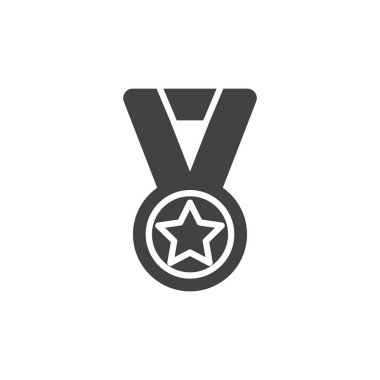 Yıldız simgesi ile madalya vektör, dolu düz işareti, üzerinde beyaz izole katı piktogram. Başarı sembolü, logo illüstrasyon.