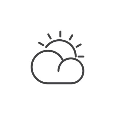 Bulut ve satır kutsal kişilerin resmi, vektör işareti, anahat güneş beyaz izole doğrusal stil piktogram. Parçalı bulutlu gün hava sembolü, logo illüstrasyon. Düzenlenebilir kontur