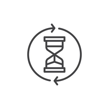 Oklar satırı simgesi çember ile kum saati, Anahat vektör işareti, üzerinde beyaz izole doğrusal stil piktogram. İşlem simgesi, logo illüstrasyon. Düzenlenebilir kontur