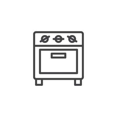 Küçük fırın satırı simgesi, Anahat vektör işareti üzerinde beyaz izole doğrusal stil piktogram. Mutfak soba sembolü, logo illüstrasyon. Düzenlenebilir kontur