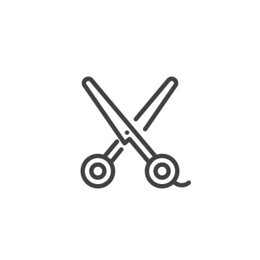 Makas satırı simgesi, Anahat vektör işareti üzerinde beyaz izole doğrusal stil piktogram. Sembol, logo illüstrasyon. Düzenlenebilir kontur