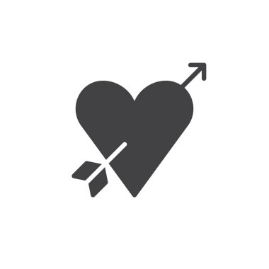 Aşk tanrısı ok ile kalp simge vektör, düz işareti, üzerinde beyaz izole katı piktogram dolu. Aşk sembolü, logo illüstrasyon.