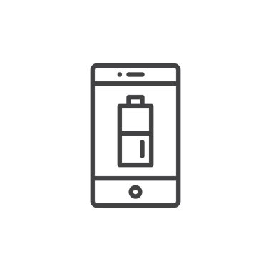 Smartphone ekran satırı simgesi, pil şarj ile Anahat vektör işareti, üzerinde beyaz izole doğrusal stil piktogram. Sembol, logo illüstrasyon. Düzenlenebilir kontur
