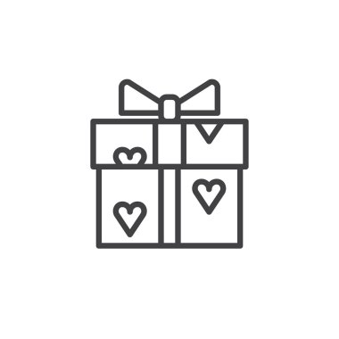 Hediye kalpler satırı simgesi ile vektör işareti, anahat üzerinde beyaz izole doğrusal stil piktogram. Sembol, logo illüstrasyon. Düzenlenebilir kontur