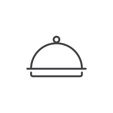 Otel restoran yemek tepsisi satırı simgesi, Anahat vektör işareti üzerinde beyaz izole doğrusal stil piktogram. Kubbe gıda sembolü, logo illüstrasyon kapak. Düzenlenebilir kontur
