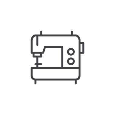 Dikiş makinesi satırı simgesi, Anahat vektör işareti, üzerinde beyaz izole doğrusal stil piktogram. Sembol, logo illüstrasyon. Düzenlenebilir kontur