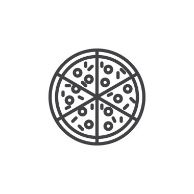 Pizza satırı simgesi, Anahat vektör işareti üzerinde beyaz izole doğrusal stil piktogram. Sembol, logo illüstrasyon. Düzenlenebilir kontur