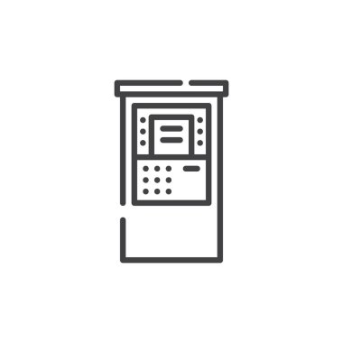 ATM satırı simgesi, Anahat vektör işareti üzerinde beyaz izole doğrusal stil piktogram. Sembol, logo illüstrasyon. Düzenlenebilir kontur