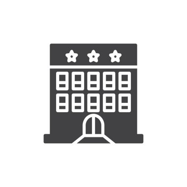 Otel binası simge vektör, düz işareti, üzerinde beyaz izole katı piktogram dolu. Sembol, logo illüstrasyon.