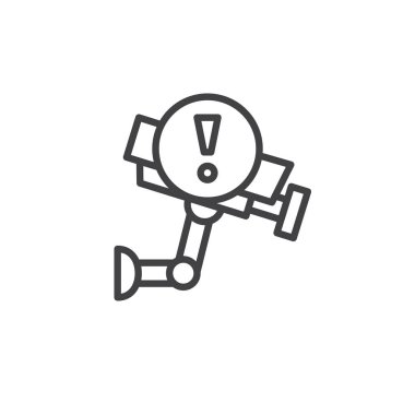 CCTV uyarı satırı simgesi, Anahat vektör işareti üzerinde beyaz izole doğrusal stil piktogram. Ünlem işareti simgesi, logo illüstrasyon ile güvenlik kamerası. Düzenlenebilir kontur