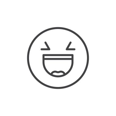 Yüzü açık ağız kapalı gözler ifade satırı simgesi ile gülümseyen, Anahat vektör işareti, üzerinde beyaz izole doğrusal stil piktogram. Emoji gülen sembolü, logo illüstrasyon. Düzenlenebilir kontur