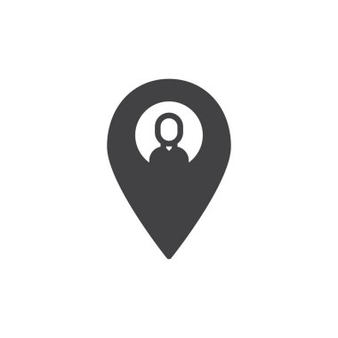 Yer tutucu simge vektör, düz işareti, üzerinde beyaz izole katı piktogram dolu. Kişi konum PIN sembol, logo illüstrasyon.