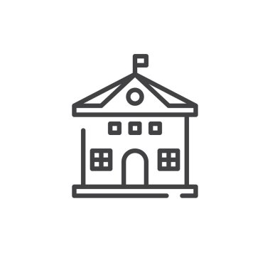 Okul satırı simgesi, bina Anahat vektör işareti, üzerinde beyaz izole doğrusal stil piktogram. Sembol, logo illüstrasyon. Düzenlenebilir kontur