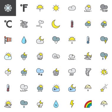 Meteoroloji hava durumu ve tahmin evrensel doldurulmuş anahat simgeleri ayarlayın, çizgi vektör simgesi toplama, doğrusal renkli piktogram paketi. İşaretler, logo illüstrasyon, bulut, moon, kar simgeler içerir