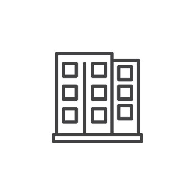 Ofis Binası satırı simgesi, Anahat vektör işareti, üzerinde beyaz izole doğrusal stil piktogram. Hotel, daire sembolü, logo illüstrasyon. Düzenlenebilir kontur